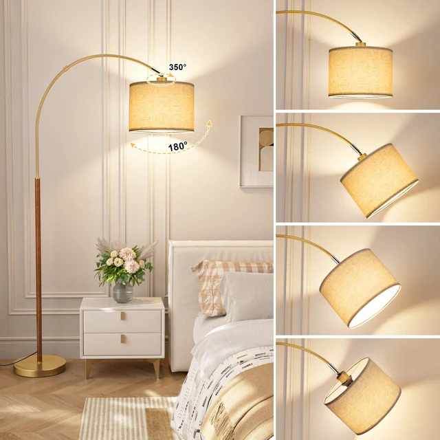 Alt view image 5 of 7 - Dimmable Arc Floor Lamp with Remote, Color Temp Adjust, Woodgrain Rotating Head, Foot Switch & Remote, Arched Floor Lamp for Living Room Bedroom, Over Couch Arched Light, Gold & Woodgrain