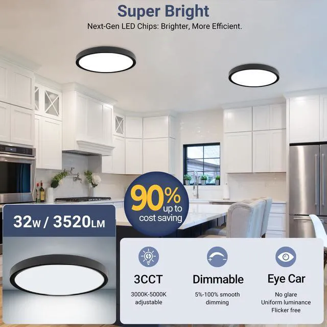 Alt view image 2 of 7 - 3520LM Dimmable LED Flush Mount Ceiling Light, 15.8 Inch Edge-Lit Flat Fixture, 3000K/4000K/5000K 3 Color Temperature Selectable, Close to Ceiling Lighting for Bedroom Kitchen Laundry,4Pack Black