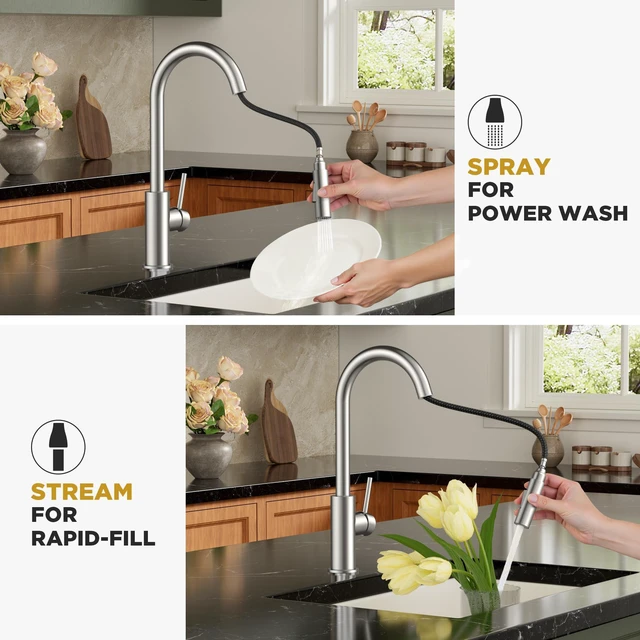 Alt view image 4 of 7 - Kitchen Faucet with Pull Down Sprayer, Brushed Nickel High Arc Lead-Free, Stainless Steel, Single Handle, Fits for 1 or 3 Hole Sink, Laundry, Farmhouse, Bar, Outdoor, Deck Plate Included