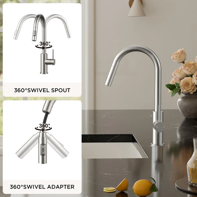 Alt view image 5 of 7 - Kitchen Faucet with Pull Down Sprayer, Brushed Nickel High Arc Lead-Free, Stainless Steel, Single Handle, Fits for 1 or 3 Hole Sink, Laundry, Farmhouse, Bar, Outdoor, Deck Plate Included