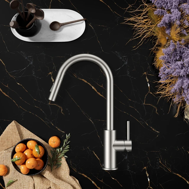 Alt view image 7 of 7 - Kitchen Faucet with Pull Down Sprayer, Brushed Nickel High Arc Lead-Free, Stainless Steel, Single Handle, Fits for 1 or 3 Hole Sink, Laundry, Farmhouse, Bar, Outdoor, Deck Plate Included