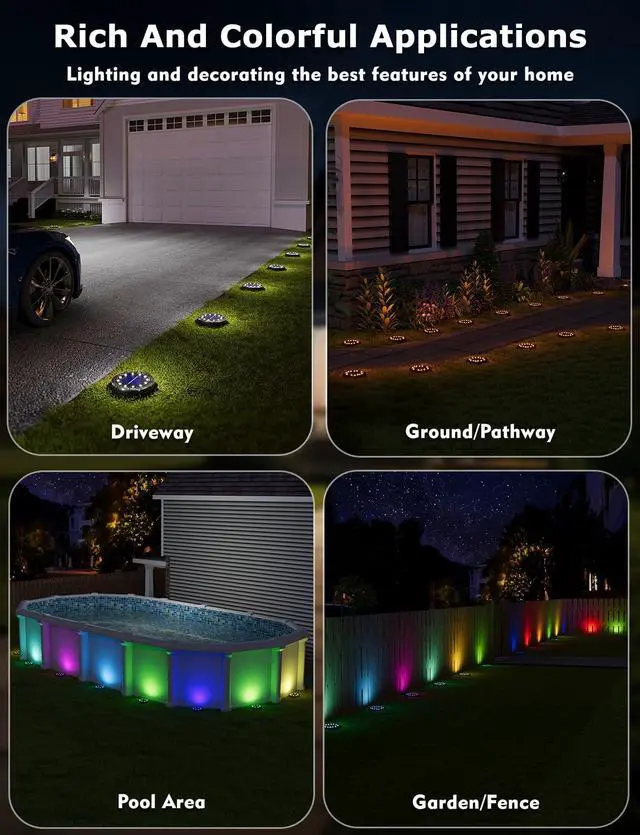Alt view image 6 of 6 - Color Changing Solar Ground Lights with Remote, IP67 Waterproof, 16Pack 9-Color & 2 Dynamic RGB, 33ft Long Distance Remote Control, Dusk-to-dawn Light Up, Outdoor Flat Disk Light for Yard Lawn Path