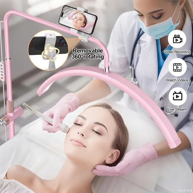 Alt view image 2 of 7 - Half Moon Lash Light - Adjustable LED Floor Lash Lamp with 4X Magnifier & Phone Holder for Eyelash Extensions,Nail Art,Tattoo,Skincare,Salon SPA-Dimmable Brightness,Rotating Head, Pink
