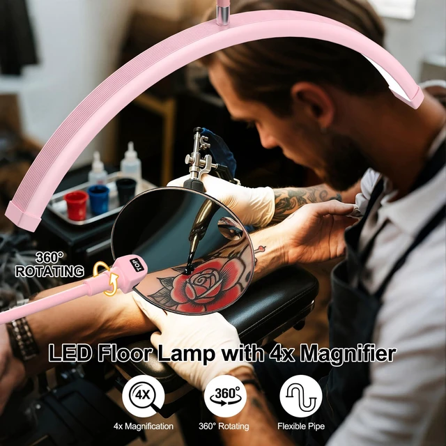 Alt view image 3 of 7 - Half Moon Lash Light - Adjustable LED Floor Lash Lamp with 4X Magnifier & Phone Holder for Eyelash Extensions,Nail Art,Tattoo,Skincare,Salon SPA-Dimmable Brightness,Rotating Head, Pink