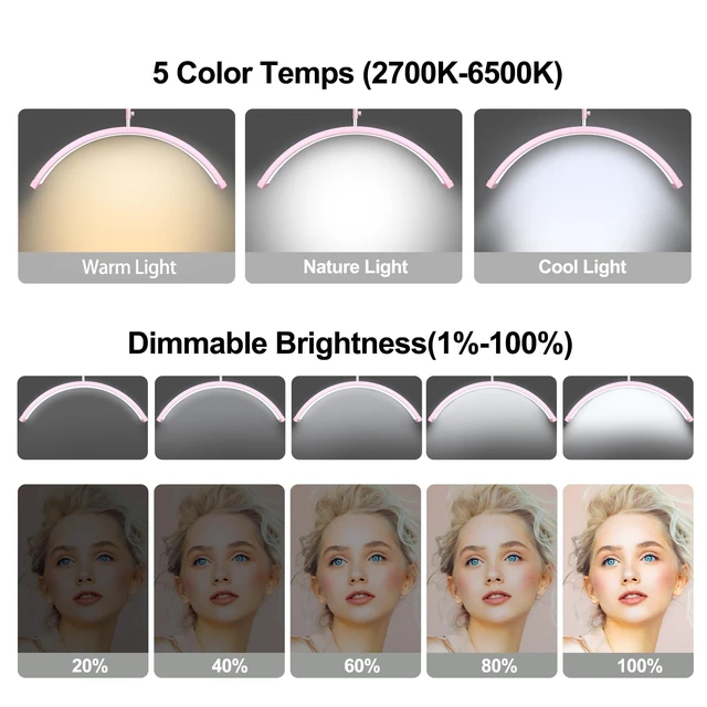 Alt view image 4 of 7 - Half Moon Lash Light - Adjustable LED Floor Lash Lamp with 4X Magnifier & Phone Holder for Eyelash Extensions,Nail Art,Tattoo,Skincare,Salon SPA-Dimmable Brightness,Rotating Head, Pink