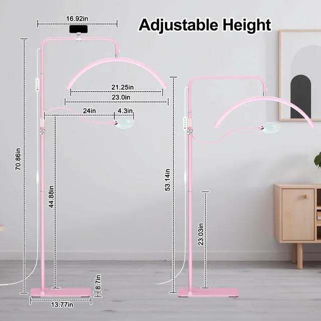 Alt view image 7 of 7 - Half Moon Lash Light - Adjustable LED Floor Lash Lamp with 4X Magnifier & Phone Holder for Eyelash Extensions,Nail Art,Tattoo,Skincare,Salon SPA-Dimmable Brightness,Rotating Head, Pink