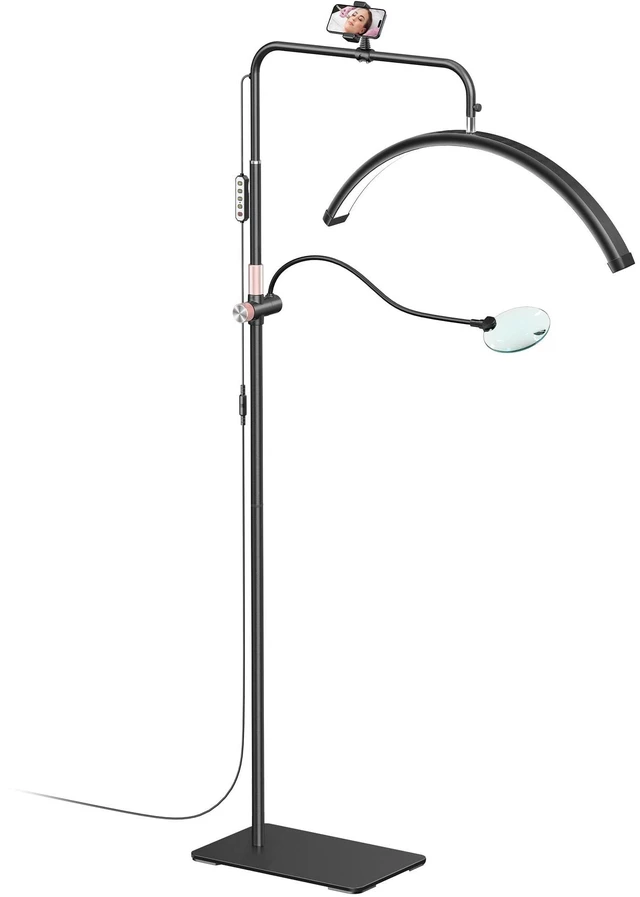 Main image of Half Moon Lash Light - Adjustable LED Floor Lash Lamp with 4X Magnifier & Phone Holder for Eyelash Extensions,Nail Art,Tattoo,Skincare,Salon SPA-Dimmable Brightness,Rotating Head, Black