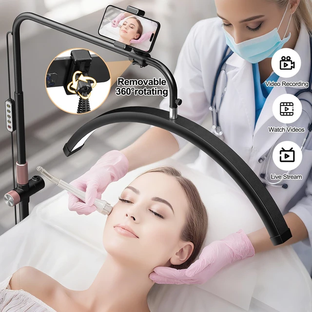 Alt view image 2 of 7 - Half Moon Lash Light - Adjustable LED Floor Lash Lamp with 4X Magnifier & Phone Holder for Eyelash Extensions,Nail Art,Tattoo,Skincare,Salon SPA-Dimmable Brightness,Rotating Head, Black