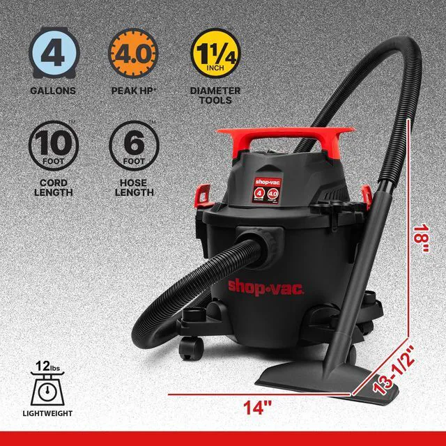 Alt view image 3 of 7 - 5430112 4 Gallon 4 Peak HP Wet/Dry Vacuum with Blower Function 1.25" x 6-ft Hose, 10-ft Cord, Powerful Suction, Durable & Portable, Ideal for Jobsite, Garage, Workshop & Home