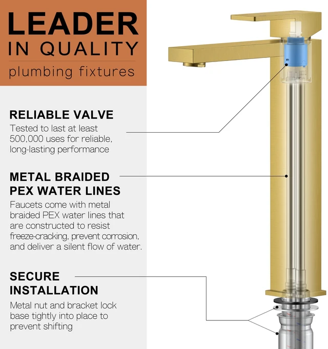 Alt view image 5 of 7 - Brushed Gold Vessel Sink Faucet Single Hole Tall Bathroom Sink Faucet Vessel Bowl Faucet with Pop Up Drain & Supply Lines, Lead-Free cUPC & NSF Certified, 1 Hole Faucet for Vanity RV Restroom