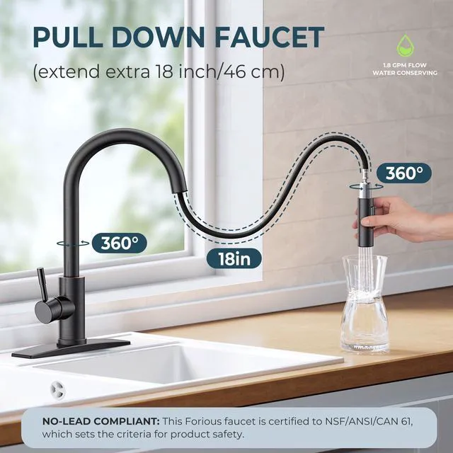 Alt view image 2 of 7 - Kitchen Faucet with Pull Down Sprayer, Oil Rubbed Bronze High Arc No-Lead Stainless Steel Sink Faucet, Single Handle, Dual Mode, with 1 or 3 Holes Deck Plate, Fit for Bar Farmhouse Outdoor Rv