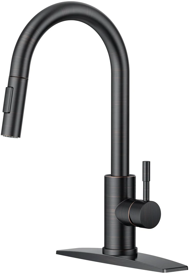 Main image of Kitchen Faucet with Pull Down Sprayer, Oil Rubbed Bronze High Arc No-Lead Stainless Steel Sink Faucet, Single Handle, Dual Mode, with 1 or 3 Holes Deck Plate, Fit for Bar Farmhouse Outdoor Rv