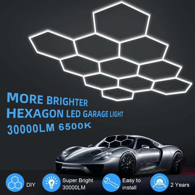 Alt view image 6 of 7 - 11 Hexagon LED Garage Light, Ultra-Bright 6500K Natural White, 11 Grids for Garage, Mall, Shop, and Auto Detailing