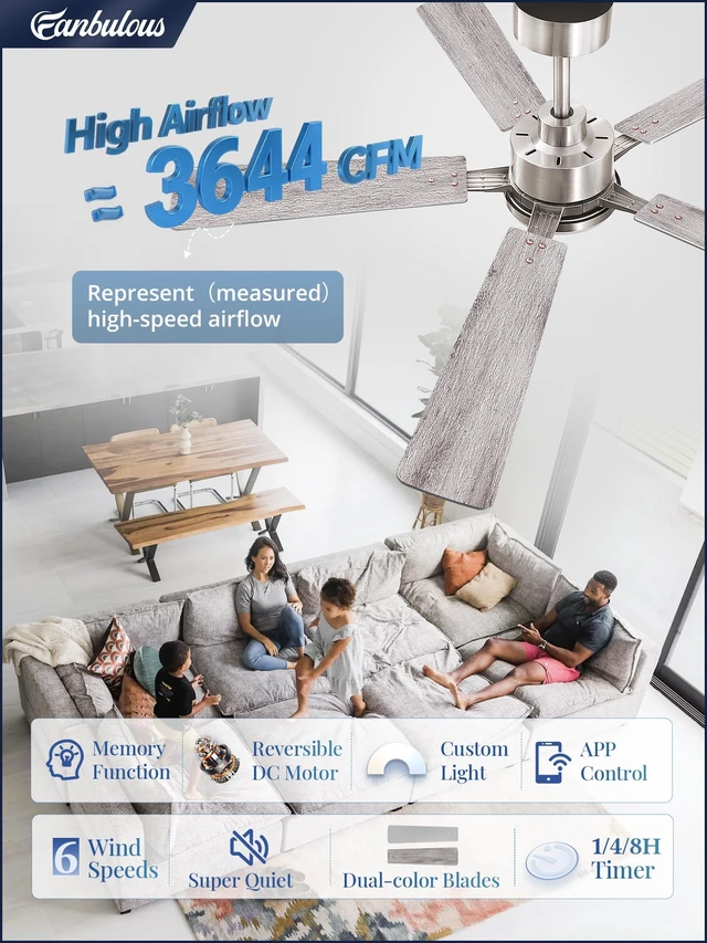 Alt view image 2 of 7 - 52 Inch Ceiling Fans with Lights DC Motor, Remote & APP Control Dimmable, 3CCT, 6 Speed, Memory Function, Timer, Dual-Sided Reversible Blade, Flat/Sloped Ceiling, Living Room, Covered Patio