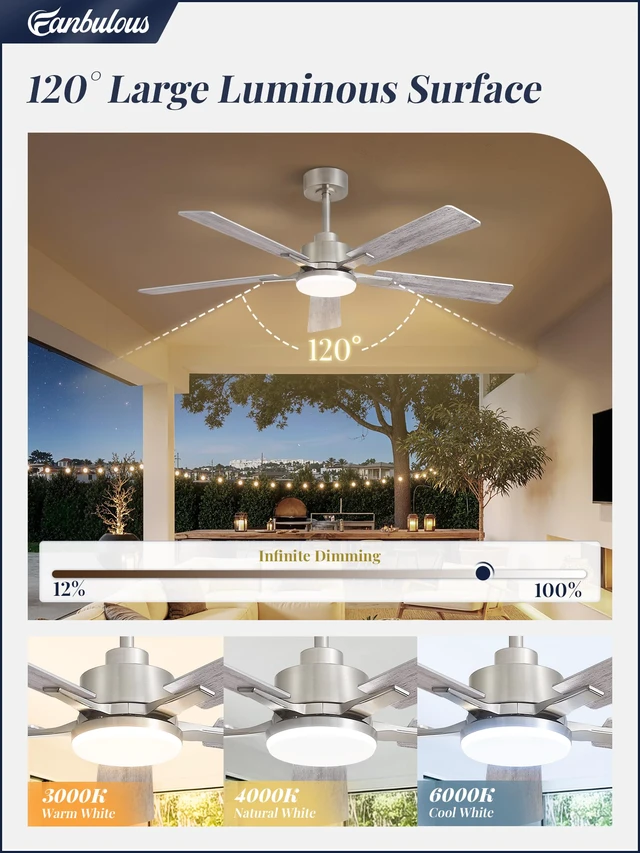 Alt view image 4 of 7 - 52 Inch Ceiling Fans with Lights DC Motor, Remote & APP Control Dimmable, 3CCT, 6 Speed, Memory Function, Timer, Dual-Sided Reversible Blade, Flat/Sloped Ceiling, Living Room, Covered Patio