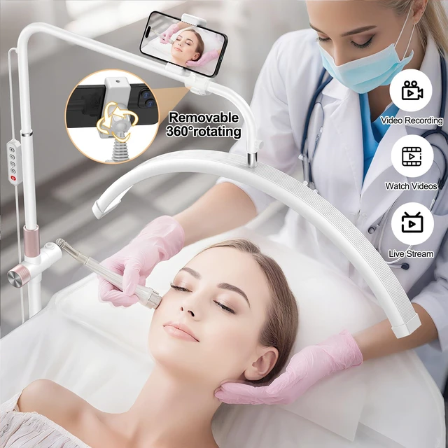 Alt view image 2 of 7 - Half Moon Lash Light - Adjustable LED Floor Lash Lamp with 4X Magnifier & Phone Holder for Eyelash Extensions,Nail Art,Tattoo,Skincare,Salon SPA-Dimmable Brightness,Rotating Head, White