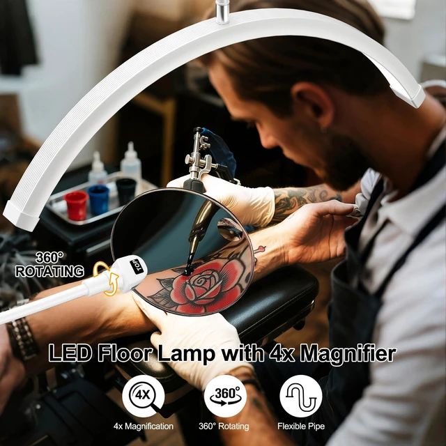 Alt view image 3 of 7 - Half Moon Lash Light - Adjustable LED Floor Lash Lamp with 4X Magnifier & Phone Holder for Eyelash Extensions,Nail Art,Tattoo,Skincare,Salon SPA-Dimmable Brightness,Rotating Head, White