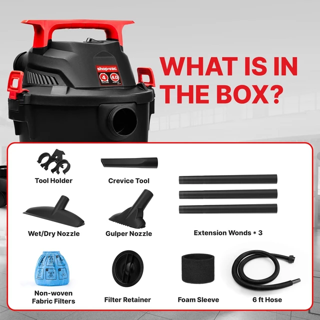 Alt view image 6 of 7 - 5430112 4 Gallon 4 Peak HP Wet/Dry Vacuum with Blower Function 1.25" x 6-ft Hose, 10-ft Cord, Powerful Suction, Durable & Portable, Ideal for Jobsite, Garage, Workshop & Home