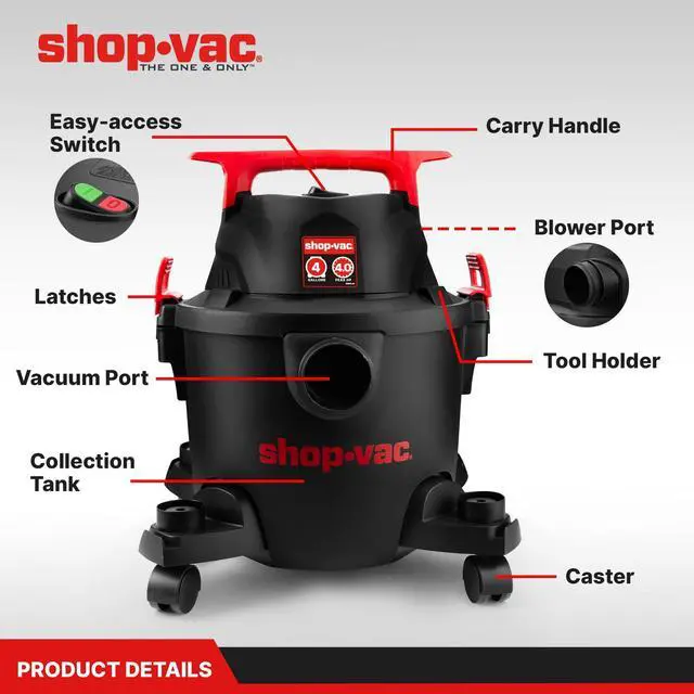 Alt view image 7 of 7 - 5430112 4 Gallon 4 Peak HP Wet/Dry Vacuum with Blower Function 1.25" x 6-ft Hose, 10-ft Cord, Powerful Suction, Durable & Portable, Ideal for Jobsite, Garage, Workshop & Home