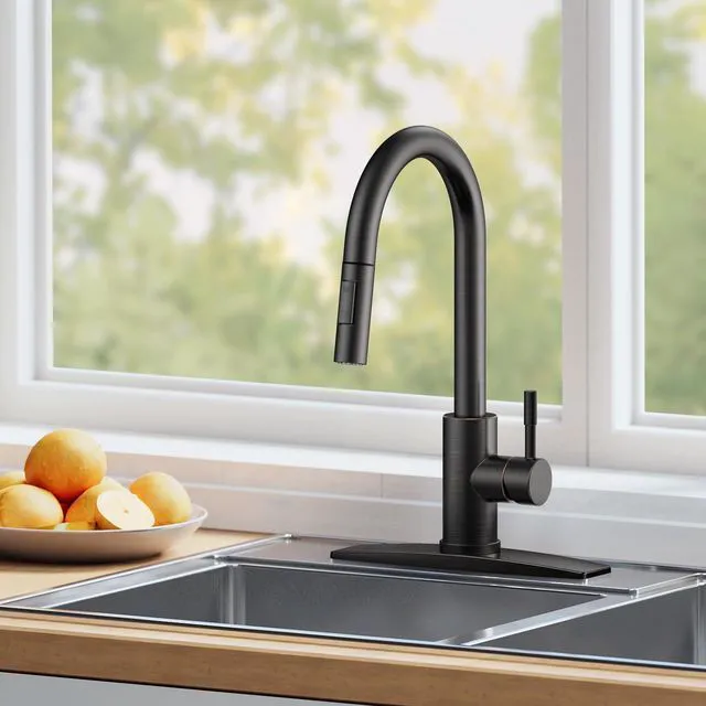 Alt view image 7 of 7 - Kitchen Faucet with Pull Down Sprayer, Oil Rubbed Bronze High Arc No-Lead Stainless Steel Sink Faucet, Single Handle, Dual Mode, with 1 or 3 Holes Deck Plate, Fit for Bar Farmhouse Outdoor Rv