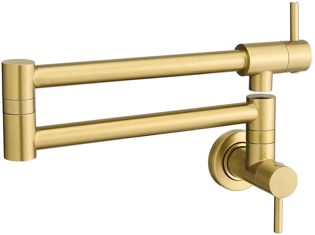Main image of Pot Filler Faucet Brushed Gold for Kitchen Over Stove 22.5 Inch Wall Mount Folding Stretchable Kitchen Stainless Steel Pot Filler Double Joint Swing Arm Two Handles NPT