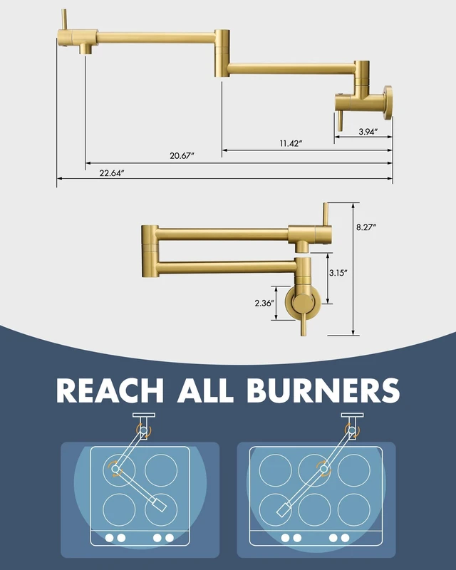 Alt view image 2 of 6 - Pot Filler Faucet Brushed Gold for Kitchen Over Stove 22.5 Inch Wall Mount Folding Stretchable Kitchen Stainless Steel Pot Filler Double Joint Swing Arm Two Handles NPT