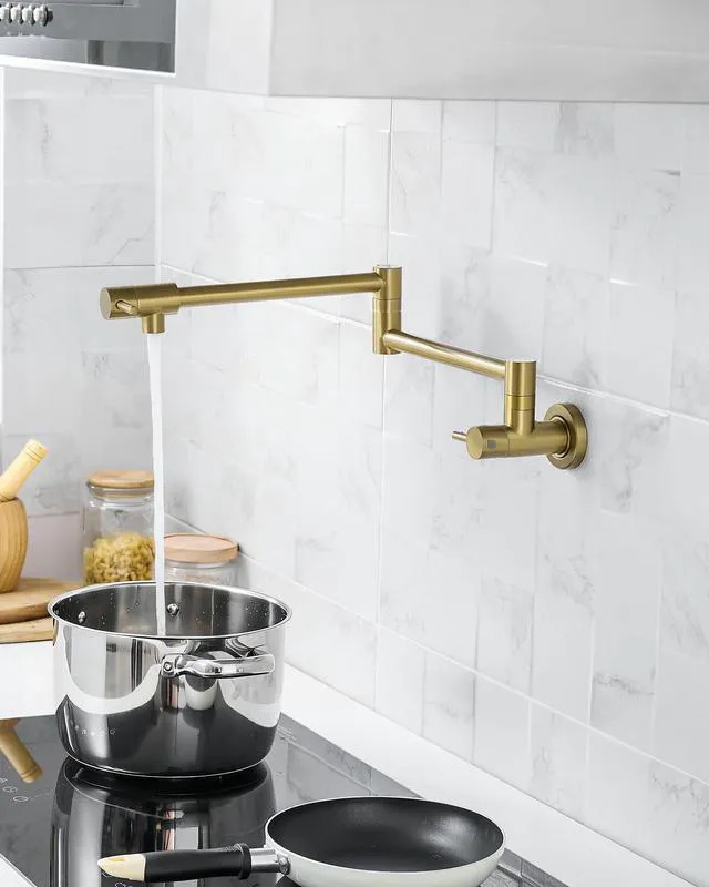 Alt view image 5 of 6 - Pot Filler Faucet Brushed Gold for Kitchen Over Stove 22.5 Inch Wall Mount Folding Stretchable Kitchen Stainless Steel Pot Filler Double Joint Swing Arm Two Handles NPT