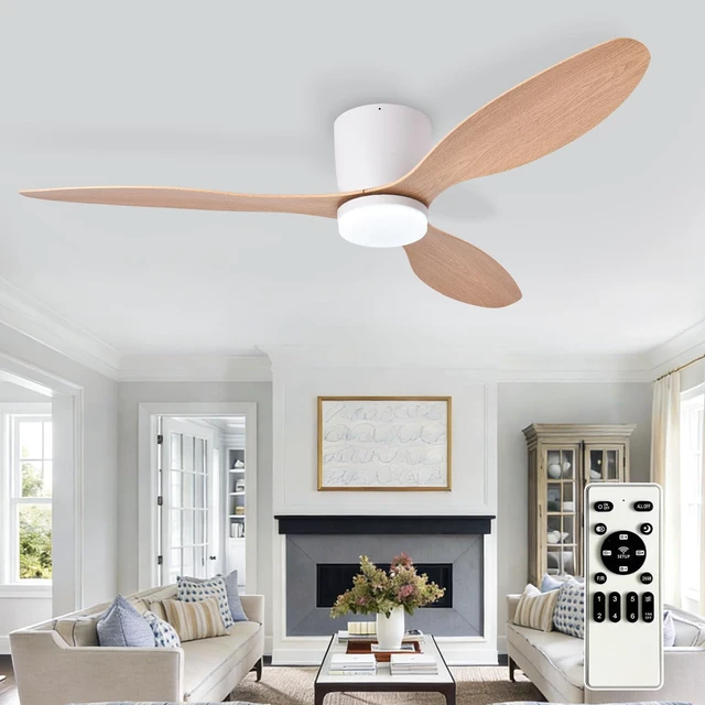 Main image of Flush Mount Ceiling Fan: 52-Inch White Ceiling Fans with Lights for Bedroom Indoor Outdoor - Low Profile Ceiling Fans with Remote Control 24W 3CCT Dimmable 3 Reversible Wood Blades 6 Speeds