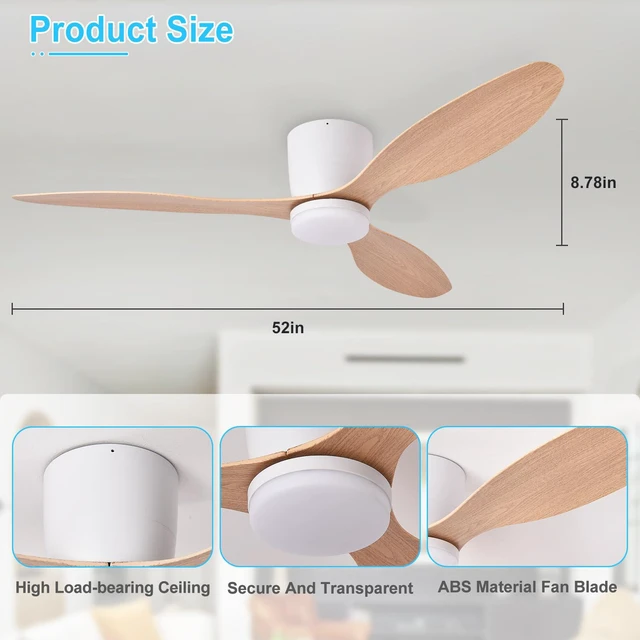 Alt view image 6 of 7 - Flush Mount Ceiling Fan: 52-Inch White Ceiling Fans with Lights for Bedroom Indoor Outdoor - Low Profile Ceiling Fans with Remote Control 24W 3CCT Dimmable 3 Reversible Wood Blades 6 Speeds