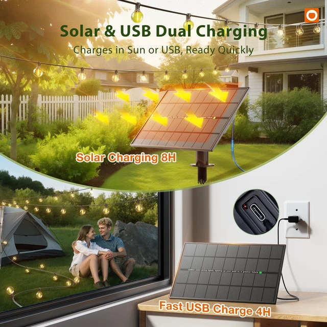 Alt view image 2 of 7 - 150FT 80LED Solar String Lights Outdoor Waterproof with Remote, USB Shatterproof Outdoor Lights, Dimmable Timer, 3 Modes, Solar Powered Patio Lights for Outside, Backyard Garden Camping Pergola