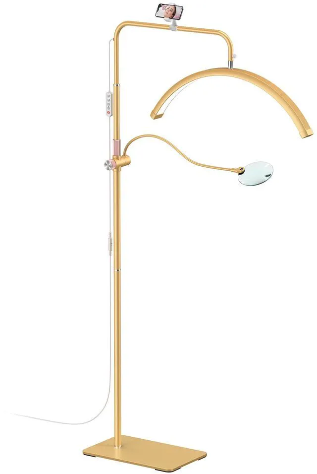 Main image of Half Moon Lash Light - Adjustable LED Floor Lash Lamp with 4X Magnifier & Phone Holder for Eyelash Extensions,Nail Art,Tattoo,Skincare,Salon SPA-Dimmable Brightness,Rotating Head, Gold