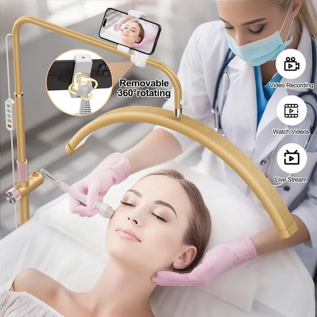 Alt view image 2 of 7 - Half Moon Lash Light - Adjustable LED Floor Lash Lamp with 4X Magnifier & Phone Holder for Eyelash Extensions,Nail Art,Tattoo,Skincare,Salon SPA-Dimmable Brightness,Rotating Head, Gold