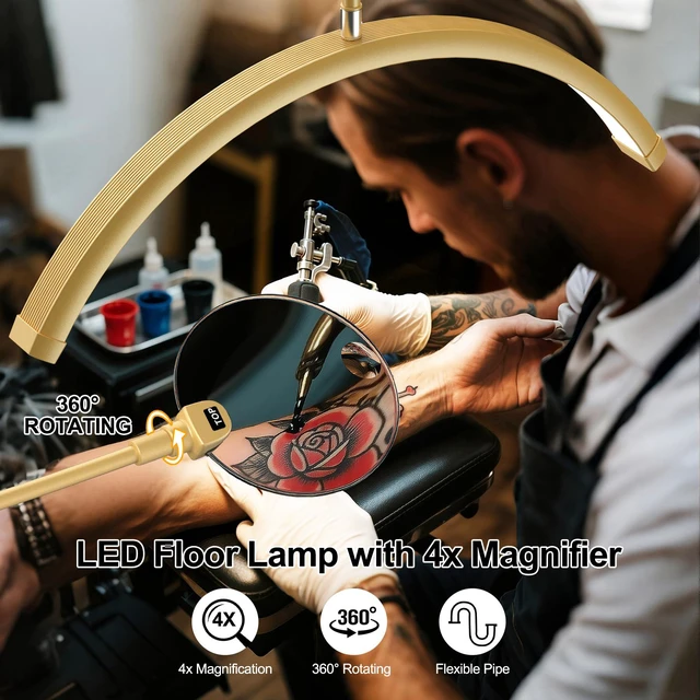 Alt view image 3 of 7 - Half Moon Lash Light - Adjustable LED Floor Lash Lamp with 4X Magnifier & Phone Holder for Eyelash Extensions,Nail Art,Tattoo,Skincare,Salon SPA-Dimmable Brightness,Rotating Head, Gold
