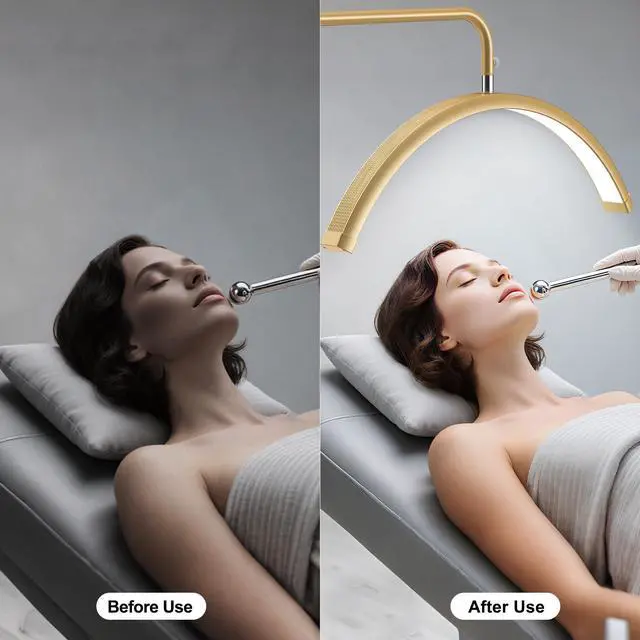 Alt view image 5 of 7 - Half Moon Lash Light - Adjustable LED Floor Lash Lamp with 4X Magnifier & Phone Holder for Eyelash Extensions,Nail Art,Tattoo,Skincare,Salon SPA-Dimmable Brightness,Rotating Head, Gold