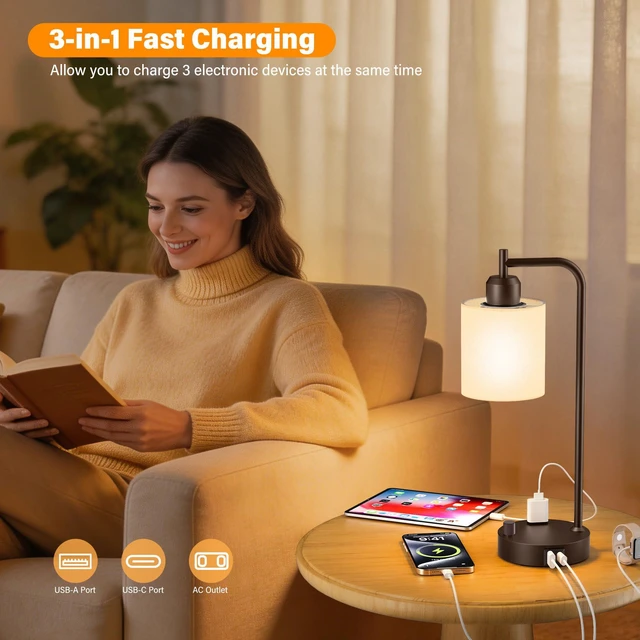 Alt view image 5 of 7 - Industrial Table Lamps with Linen Shade, Set of 2 Fully Dimmable Bedside Lamps with USB A+C Ports and Outlet, Brown Nightstand Desk Lamps for Bedrooms Living Room Office, 2 LED Bulbs Included