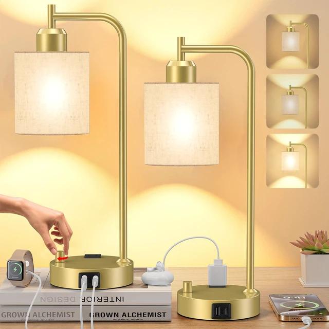 Main image of Industrial Table Lamps with Linen Shade, Set of 2 Fully Dimmable Bedside Lamps with USB A+C Ports and Outlet, Gold Nightstand Desk Lamps for Bedrooms Living Room Office, 2 LED Bulbs Included