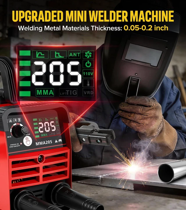 Alt view image 2 of 7 - Stick Welder 110v, Upgraded 205Amp Mini Welding Machine with Lift Tig Welding, IGBT Inverter Arc Welder Machine 110v with Hot Start Arc Force Anti-Stick VRD for 1/16"-1/8" Rod, Include 25 Rods