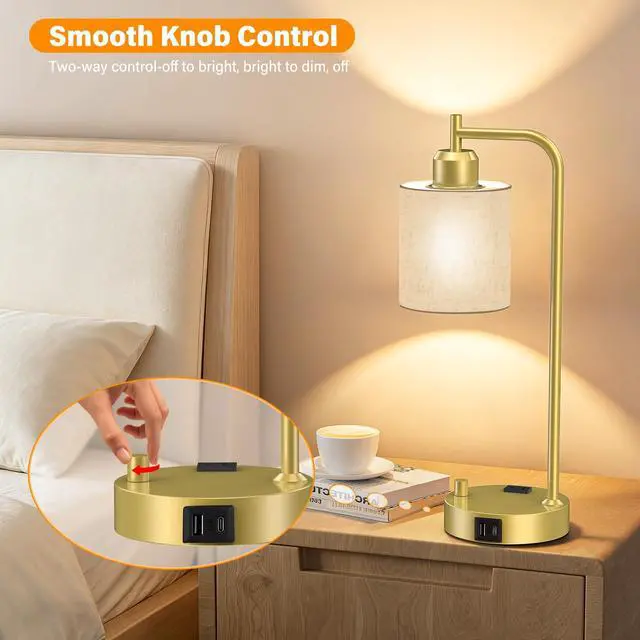 Alt view image 4 of 7 - Industrial Table Lamps with Linen Shade, Set of 2 Fully Dimmable Bedside Lamps with USB A+C Ports and Outlet, Gold Nightstand Desk Lamps for Bedrooms Living Room Office, 2 LED Bulbs Included