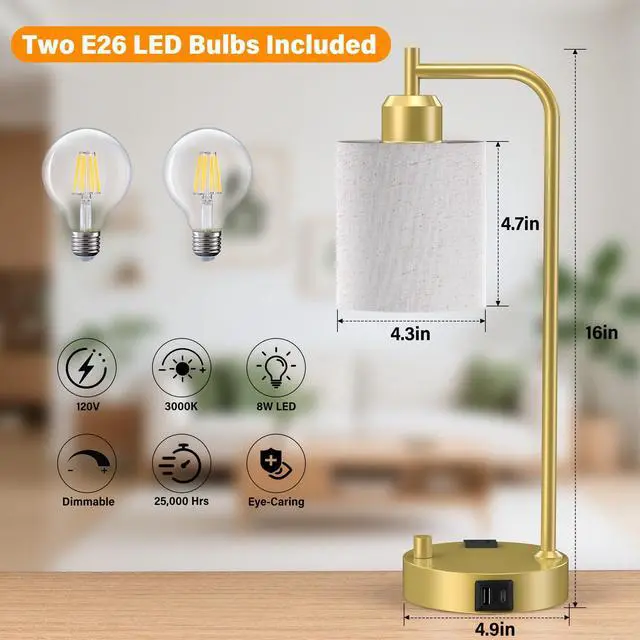 Alt view image 3 of 7 - Industrial Table Lamps with Linen Shade, Set of 2 Fully Dimmable Bedside Lamps with USB A+C Ports and Outlet, Gold Nightstand Desk Lamps for Bedrooms Living Room Office, 2 LED Bulbs Included