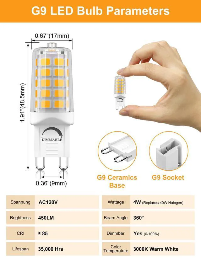 Alt view image 2 of 7 - 24 Pack G9 LED Bulb 4W 3000K Soft Warm White T4 Dimmable 24-Pk 4W G9 LED, 40W Equiv, 450LM, Smooth Dimmable, No Flicker, Eye-Safe, Standard G9 Base for Chandelier & Sconce