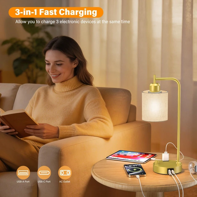 Alt view image 5 of 7 - Industrial Table Lamps with Linen Shade, Set of 2 Fully Dimmable Bedside Lamps with USB A+C Ports and Outlet, Gold Nightstand Desk Lamps for Bedrooms Living Room Office, 2 LED Bulbs Included