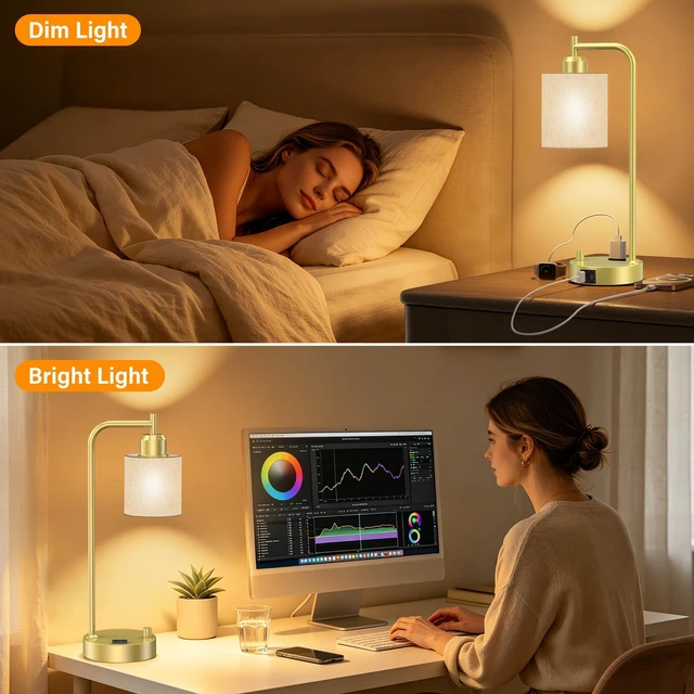 Alt view image 7 of 7 - Industrial Table Lamps with Linen Shade, Set of 2 Fully Dimmable Bedside Lamps with USB A+C Ports and Outlet, Gold Nightstand Desk Lamps for Bedrooms Living Room Office, 2 LED Bulbs Included
