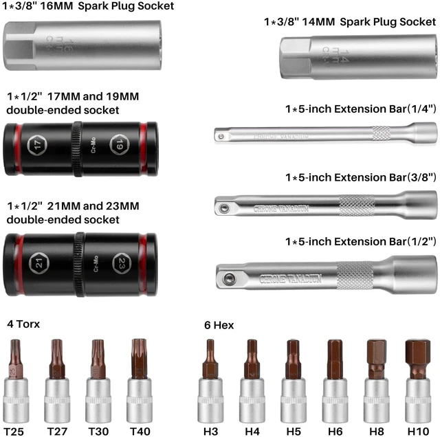 Alt view image 2 of 6 - 20Pcs 1/4 3/8 1/2-inch Drive Click Torque Wrench Set for Car Moto Inch Pound Torque Wrench with Sockets (20-260 in.lb,5-45 ft.lb,10-170 ft.lb), Dual-Direction 72T, 3% Precision for Bike DIY