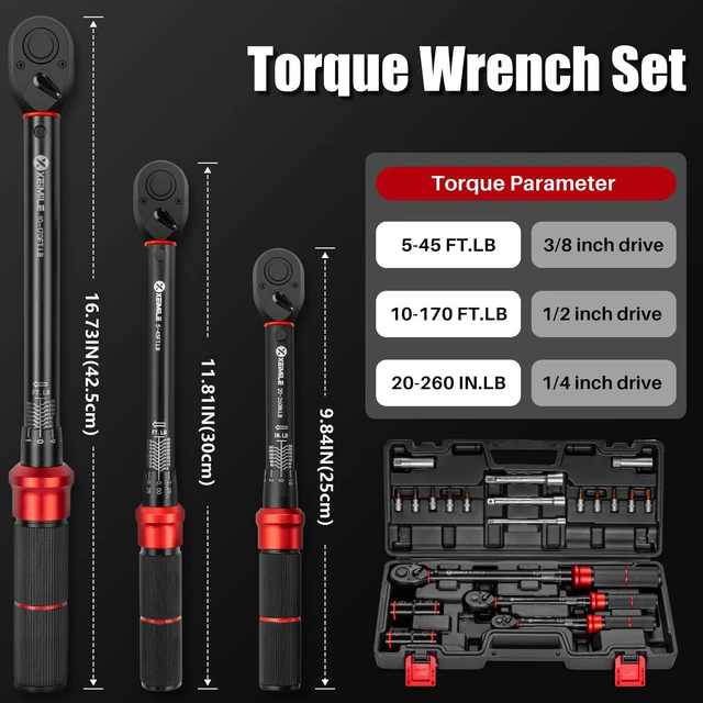 Alt view image 5 of 6 - 20Pcs 1/4 3/8 1/2-inch Drive Click Torque Wrench Set for Car Moto Inch Pound Torque Wrench with Sockets (20-260 in.lb,5-45 ft.lb,10-170 ft.lb), Dual-Direction 72T, 3% Precision for Bike DIY