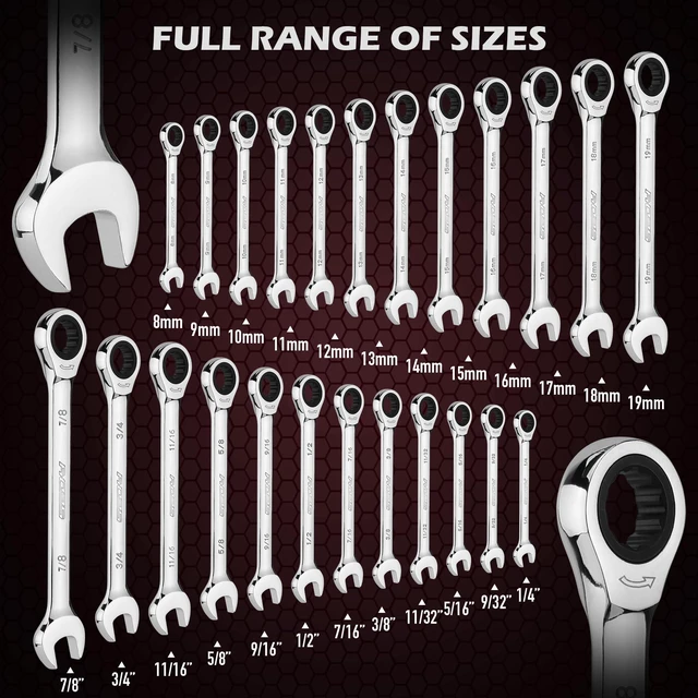 Alt view image 3 of 7 - Premium 24-Piece Ratcheting Wrench Set, SAE & Metric Combination Wrenches, 8-19mm / 1/4"-7/8", 72-Tooth Ratchet Spanners, Chrome Vanadium Steel with Roll-Up Pouch for Mechanics