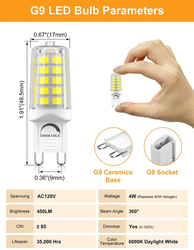 Alt view image 2 of 7 - 24-Pk G9 LED 4W, 6000K Daylight, Dimmable Ceramic Base Bulb, 450LM 24-Pk 4W G9 LED, 40W Equiv, 450LM, Smooth Dimming, Flicker-Free, Ceramic Base for Heat Resistance, Chandelier & Sconce