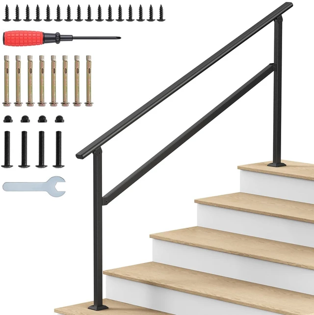 Main image of Hand Rails for Outdoor Steps 2-5 Steps Wrought Iron Handrails Stair Railing for Porch, Home, Garden, Indoor, Staircase Handrails for Wooden, Cement, Brick, Marble (5 Steps)