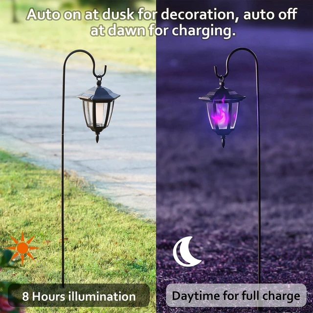 Alt view image 2 of 7 - 6 Pack Solar Halloween Flame Hanging Lights Outdoor, Flickering Flame LED Garden Lanterns with 4x38 Inch Shepherd Hooks, Landscape Lighting Waterproof for Lawn Yard Pathway Driveway, Purple