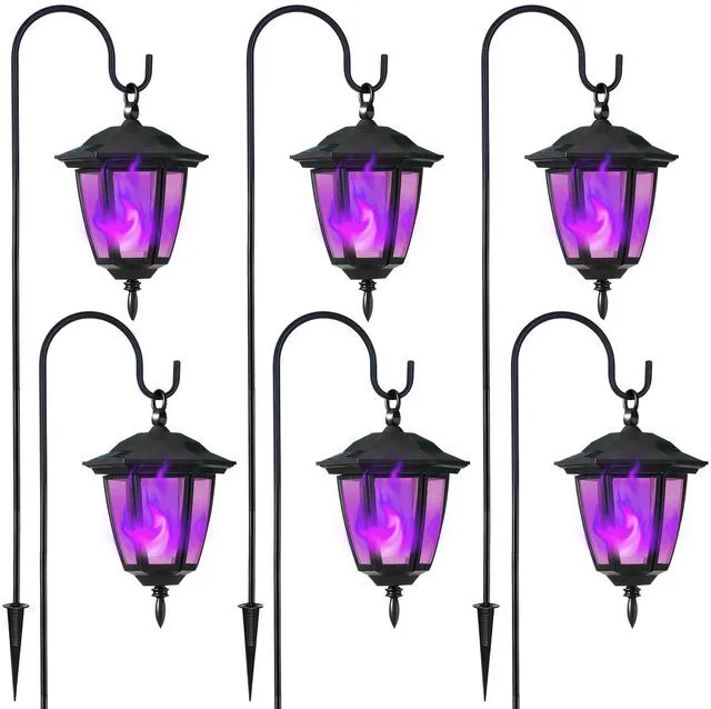 Main image of 6 Pack Solar Halloween Flame Hanging Lights Outdoor, Flickering Flame LED Garden Lanterns with 4x38 Inch Shepherd Hooks, Landscape Lighting Waterproof for Lawn Yard Pathway Driveway, Purple