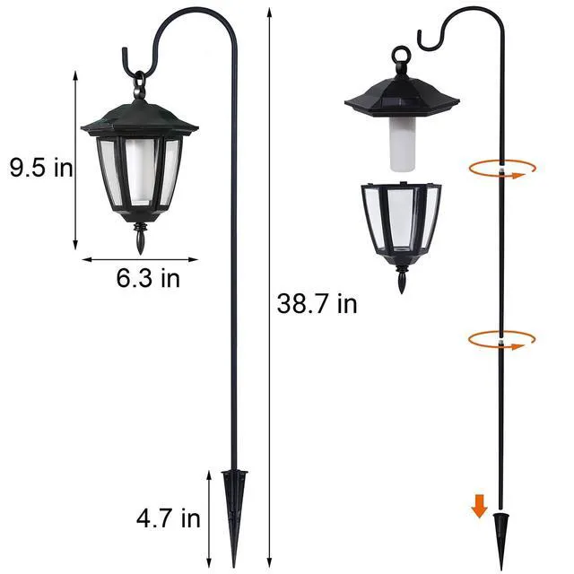 Alt view image 3 of 7 - 6 Pack Solar Halloween Flame Hanging Lights Outdoor, Flickering Flame LED Garden Lanterns with 4x38 Inch Shepherd Hooks, Landscape Lighting Waterproof for Lawn Yard Pathway Driveway, Purple
